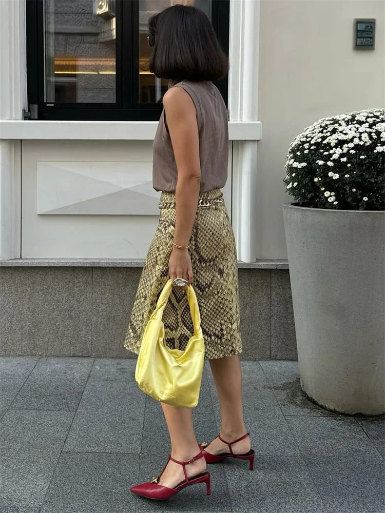 Snakeskin Printed Fashion Skirt Women's High Waist Slim Contrast Patchwork Commute Streetwear Female Vintage Y2k Skirt