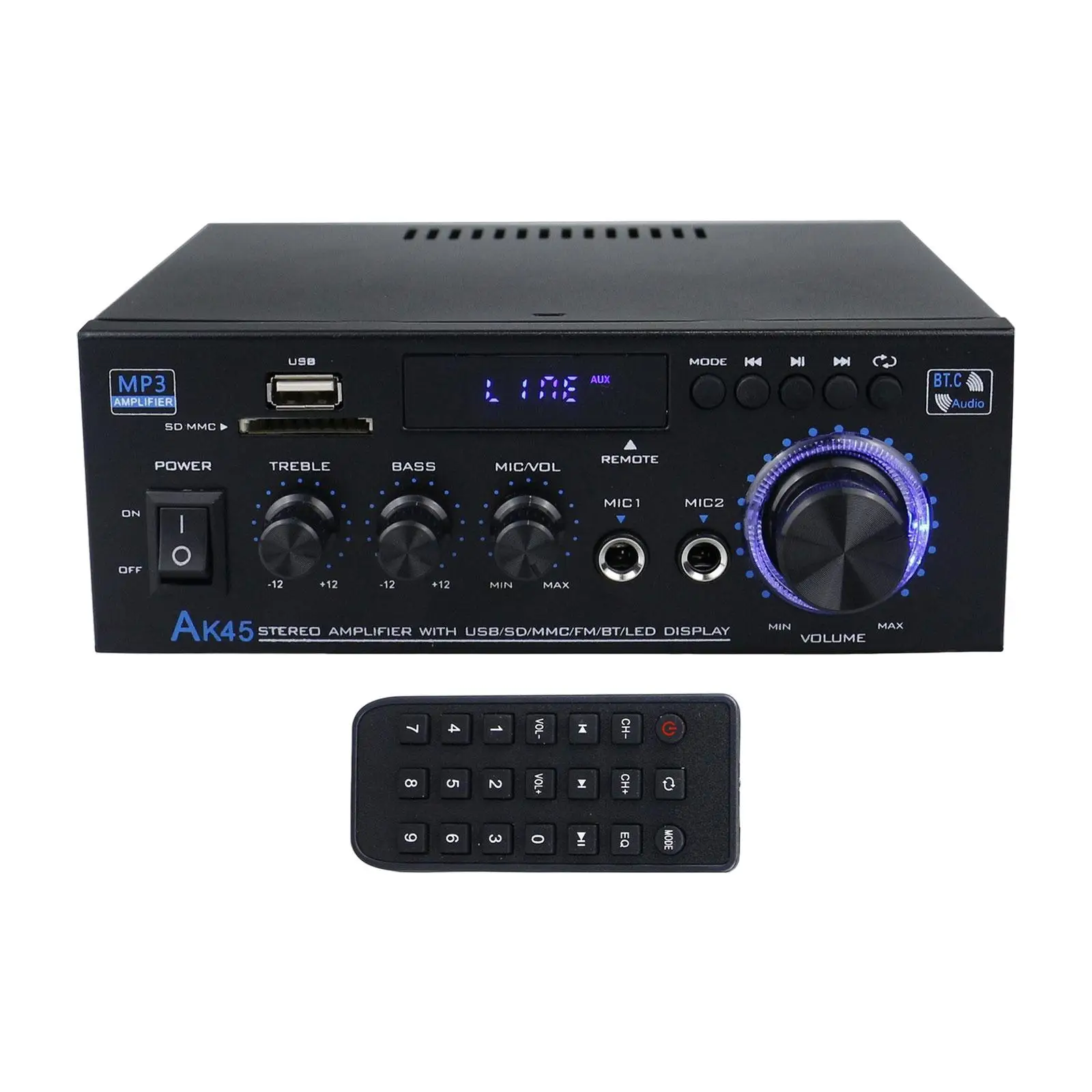 AK45 Home Audio Amplifier with Mic with Blue LED Lights Stereo Power Amplifier HiFi Audio Amplifier for Home Theater System Use