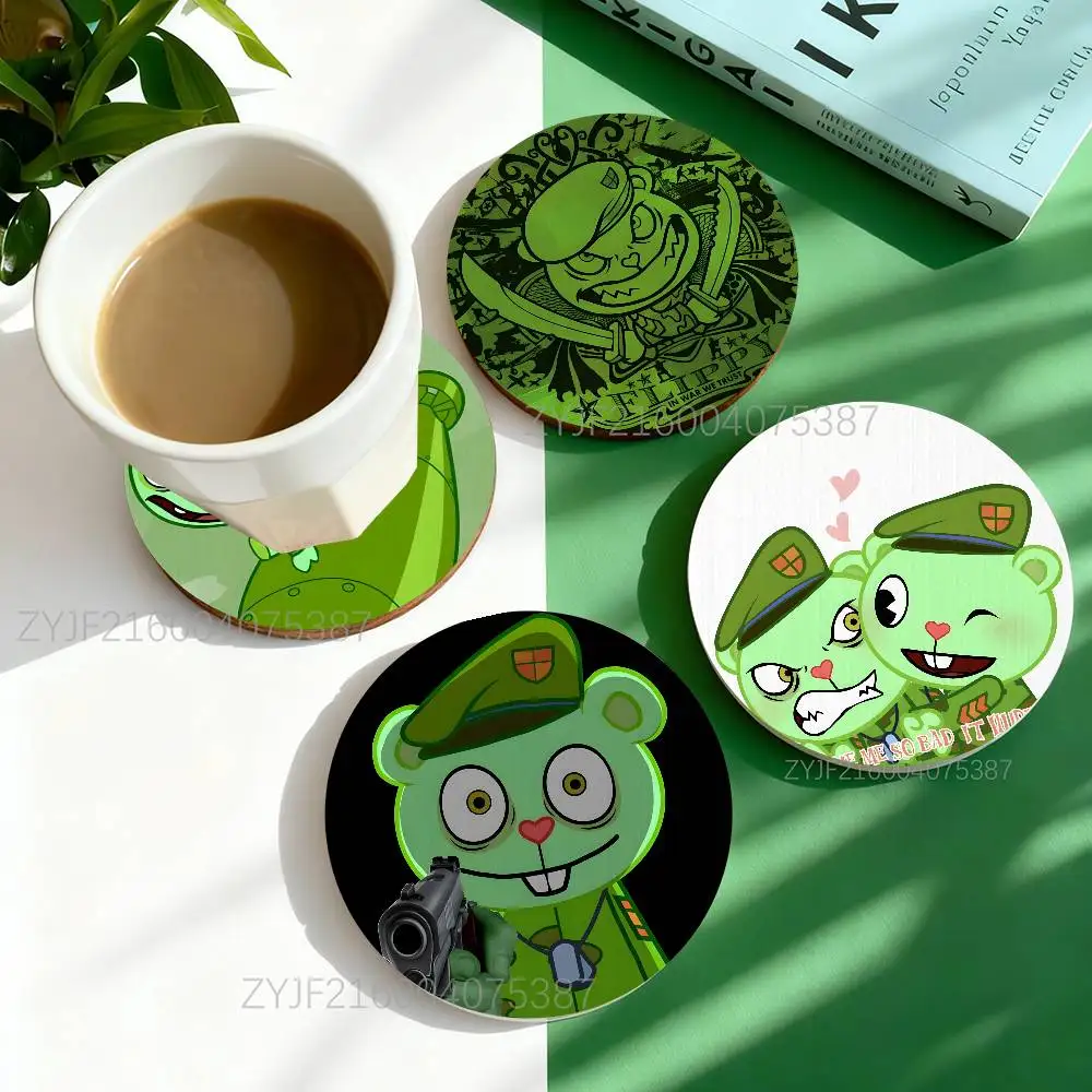 

H-Happy Tree Friends Flippy Round Wooden Coasters For Cute Design Suitable for Drinks Tea,Coffee Home Perfect Gift Choice