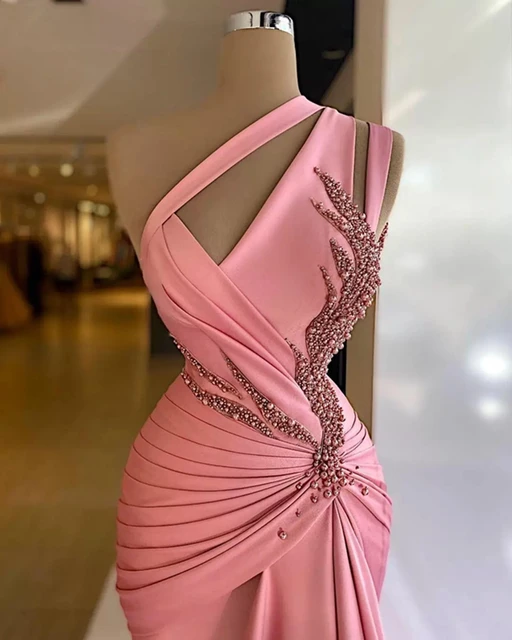 Glamorous Pink One Shoulder Evening Dresses Pleats Sleeveless Prom Gowns Custom Made Sweep Train Elegant Party Dresses Evening Dresses AliExpress