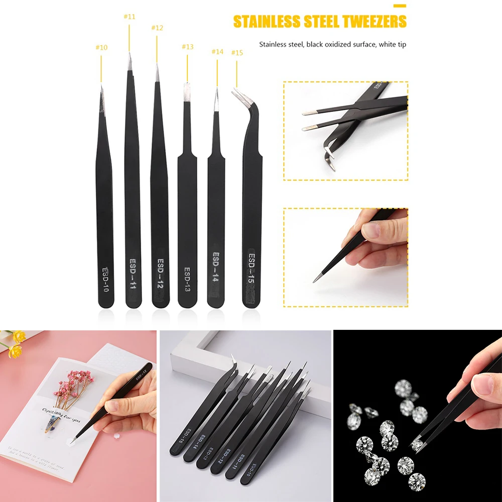 6pcs/set Curved Fine-Tip Tweezwes Set Stainless Steel Multifunction Tweezer For DIY Scrapbooking Craft Card Making Hand Tools