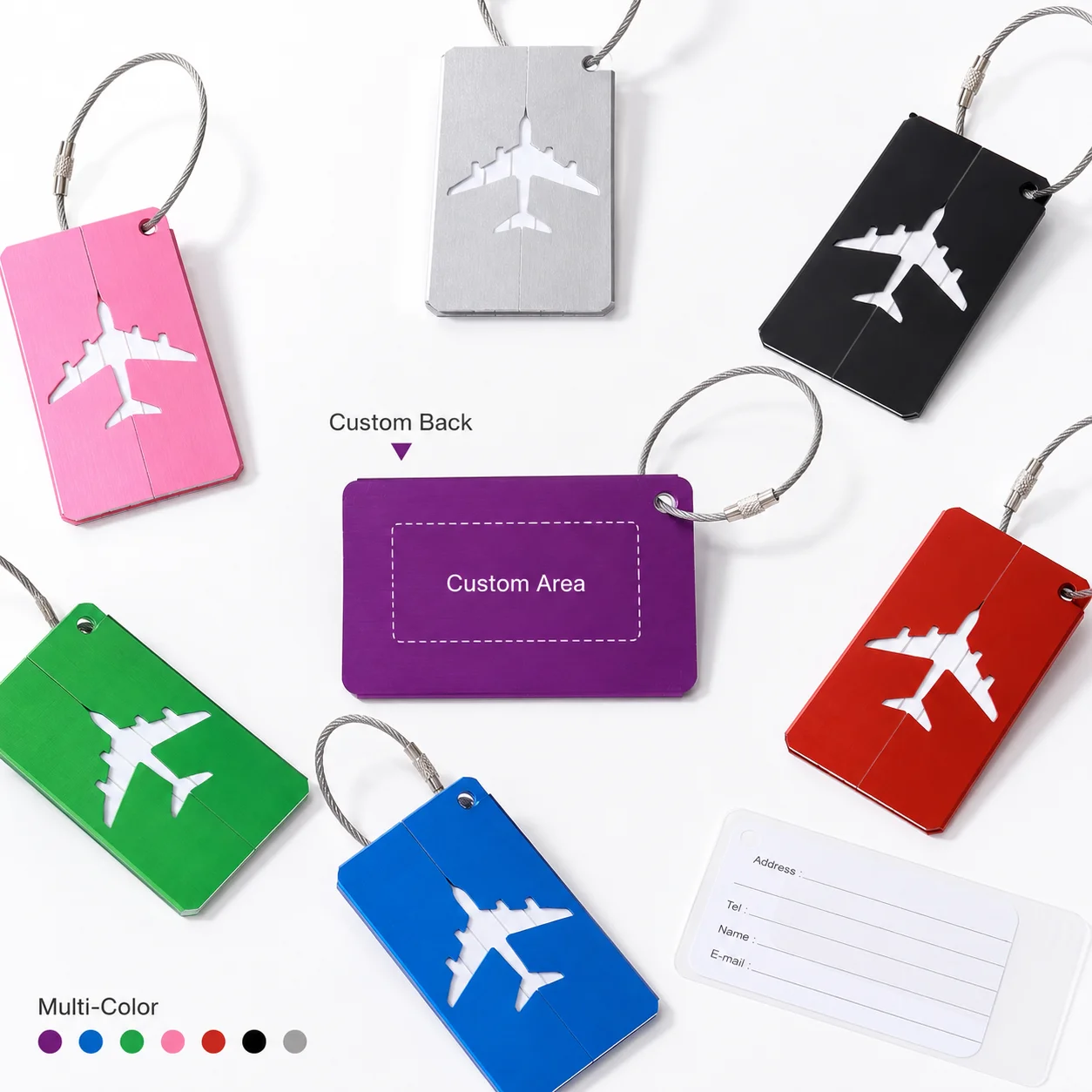 Aluminum Alloy Luggage Tag Customizable Travel Bag Suitcase Name ID Label with Secure Steel Cable Loop & Address Card Multi Colo