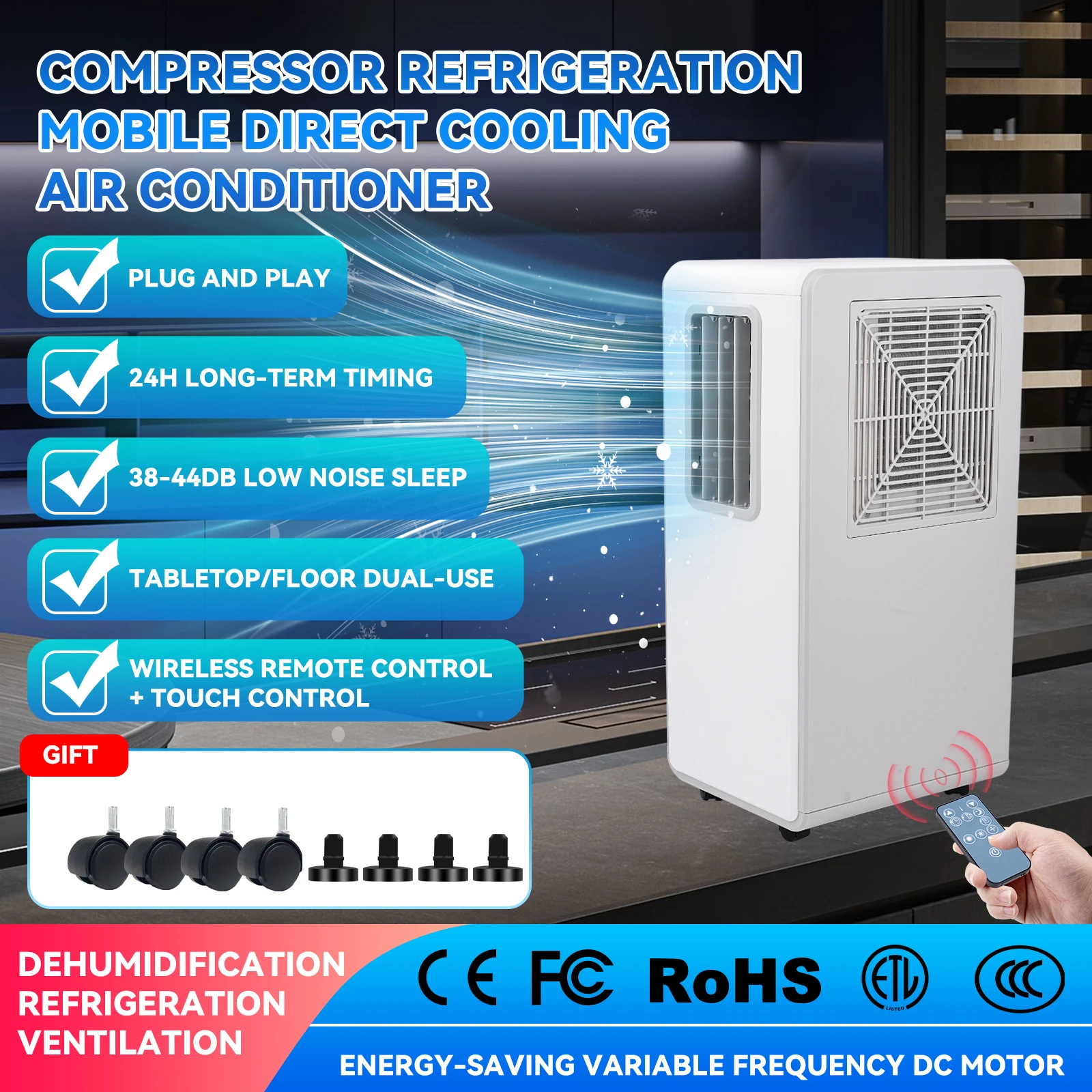 Climatiseur portable, refroidisseur d'air mobile, déshumidificateur avec minuterie 24H, télécommande, faible bruit, aucune installation requise, UE