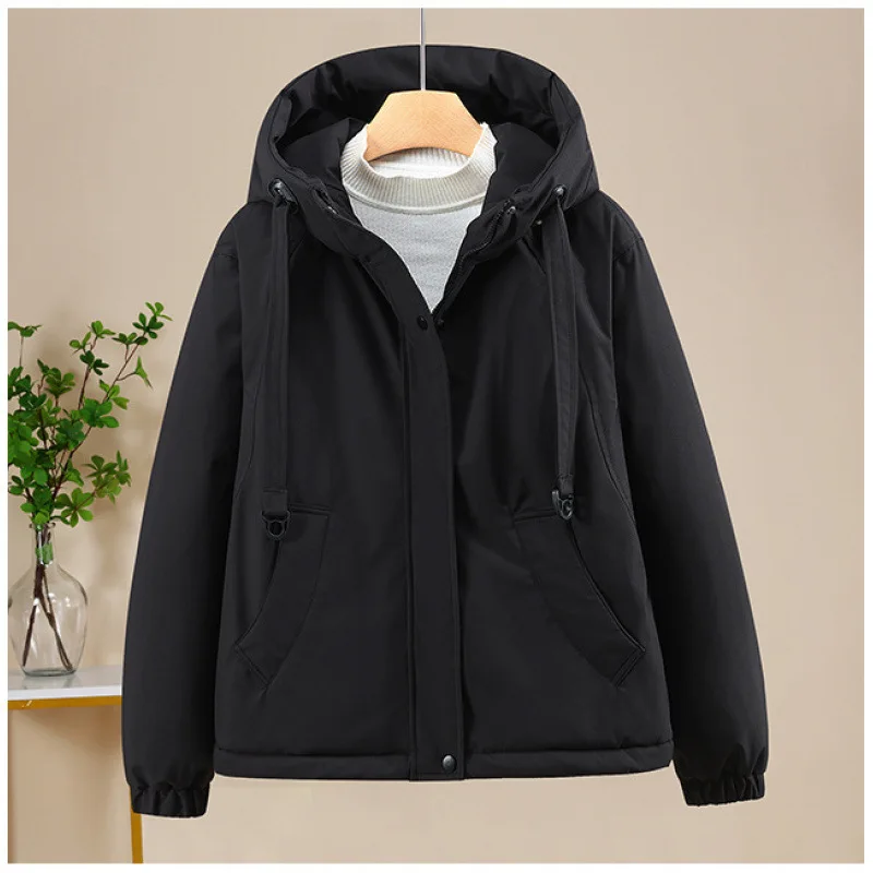 Women Short Parkas Coats Hooded Overcoat Solid Drawstring Zipper Long Sleeve Looose Fit Thick Casual Office Lady 2025 Winter
