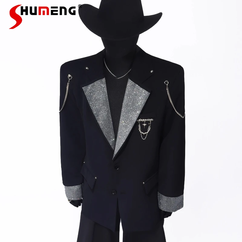 

Men's 2025 Autumn New Fashion Shiny Rhinestone Splicing Blazers Men's Trendy Loose Suit Jackets Long Sleeve Chic Tailored Coats
