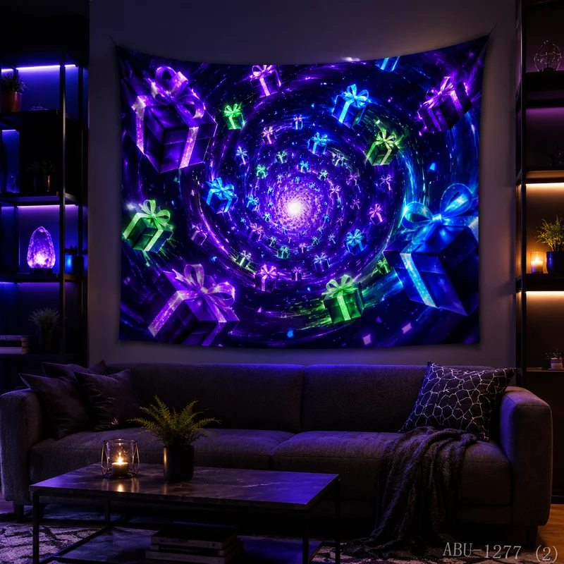 VIKAMA Purple Green Time Space Vortex Neon Luminous Gift Box Starry Sky Christmas Tapestry HD Wall Hanging Decor for Living Room