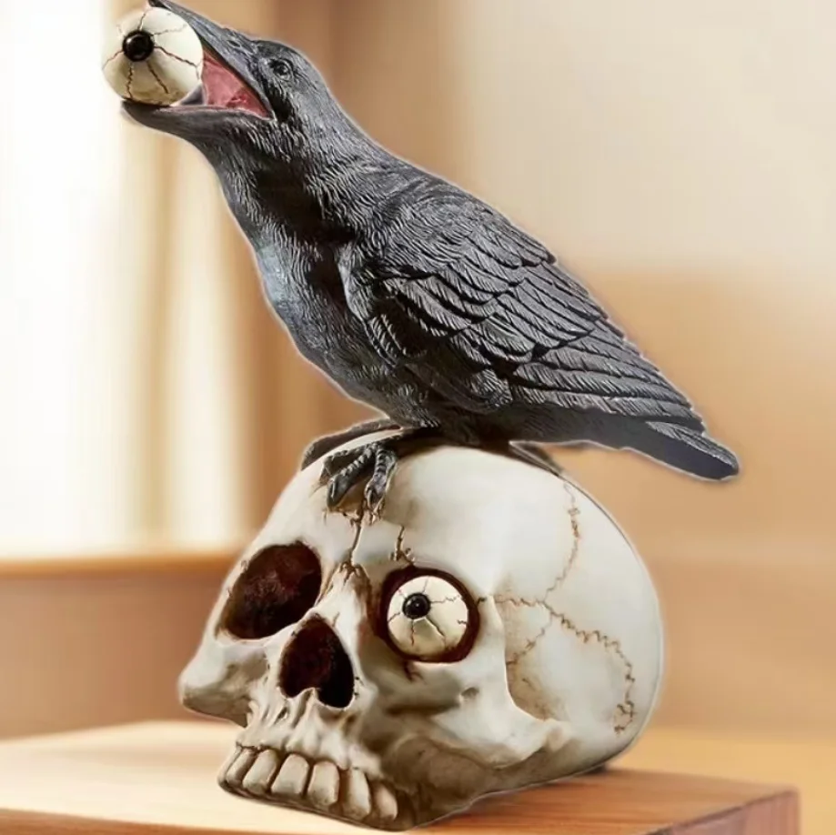 Horror Eyeball Crow Skull Resin Statue Dark Gothic Raven Sculpture Halloween Party Layout Decor Home Shelf Spooky Ornament