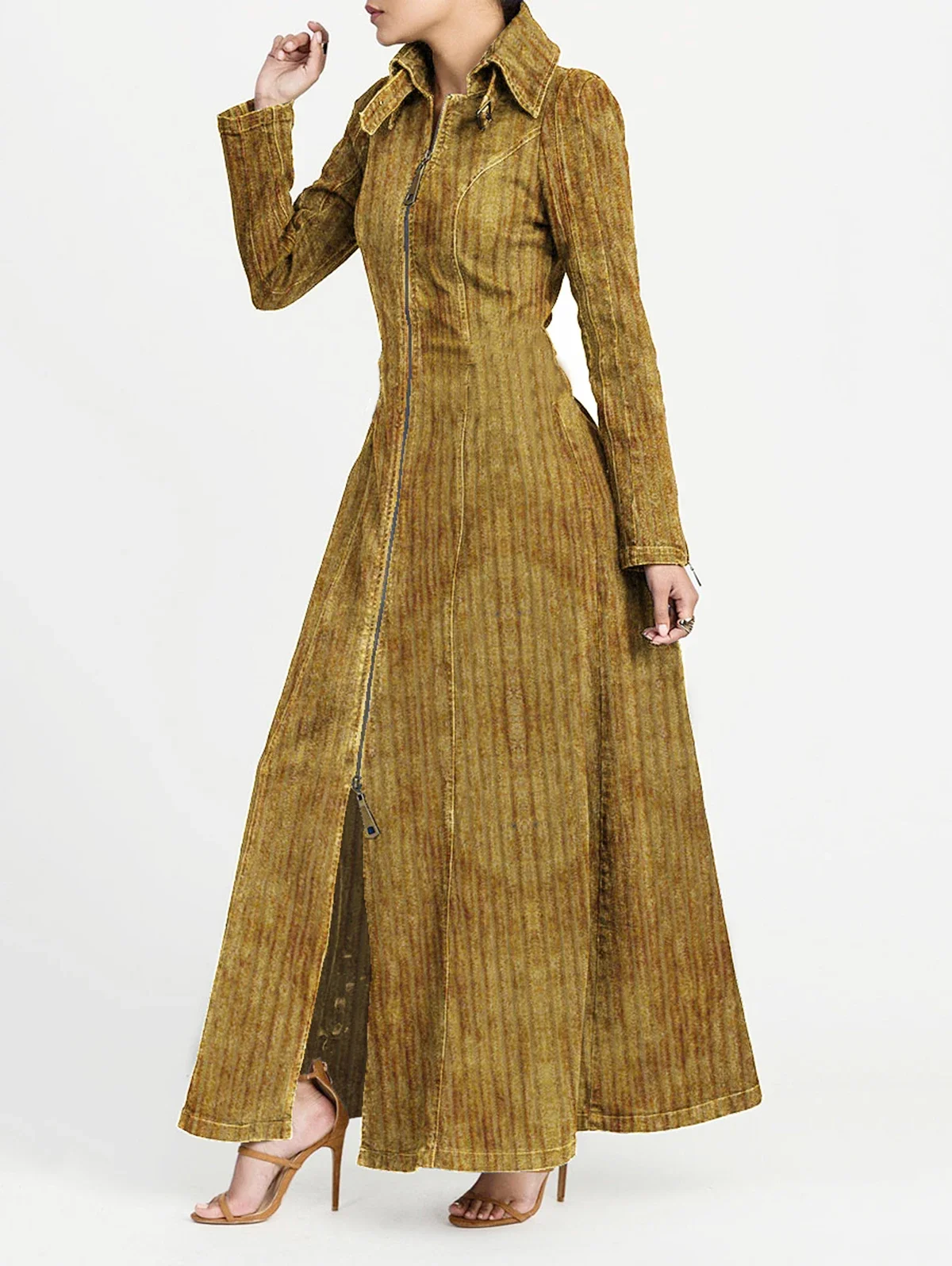 

Vintage Women Maxi Dress Fashion Stripe Decoration Casual Lapel Button Long Sleeve Street Women Front Zipper Maxi Dress