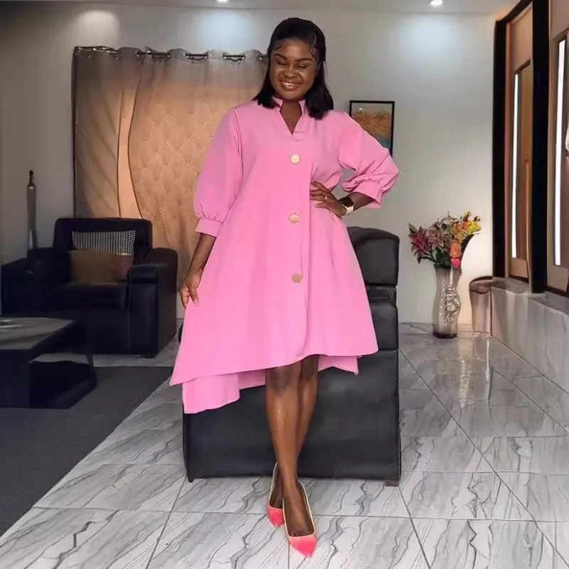 Sólido casual solto camisa vestido com manga feminina primavera verão botão reto único breasted irregular midi vestidos