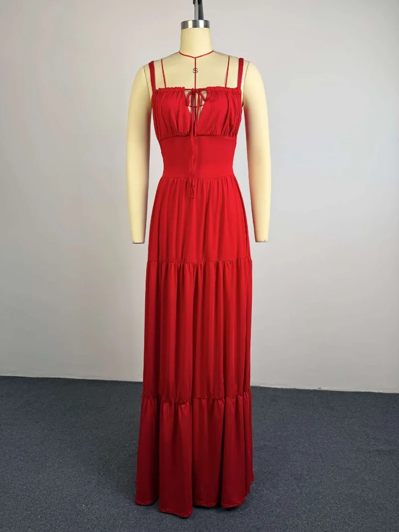 Elegantes Sommer-Korsettkleid mit Spaghettiträgern für Hochzeitsgäste, Brautjungfern und Partys, Langes Abendkleid mit Stufen und Falten – Detail 2
