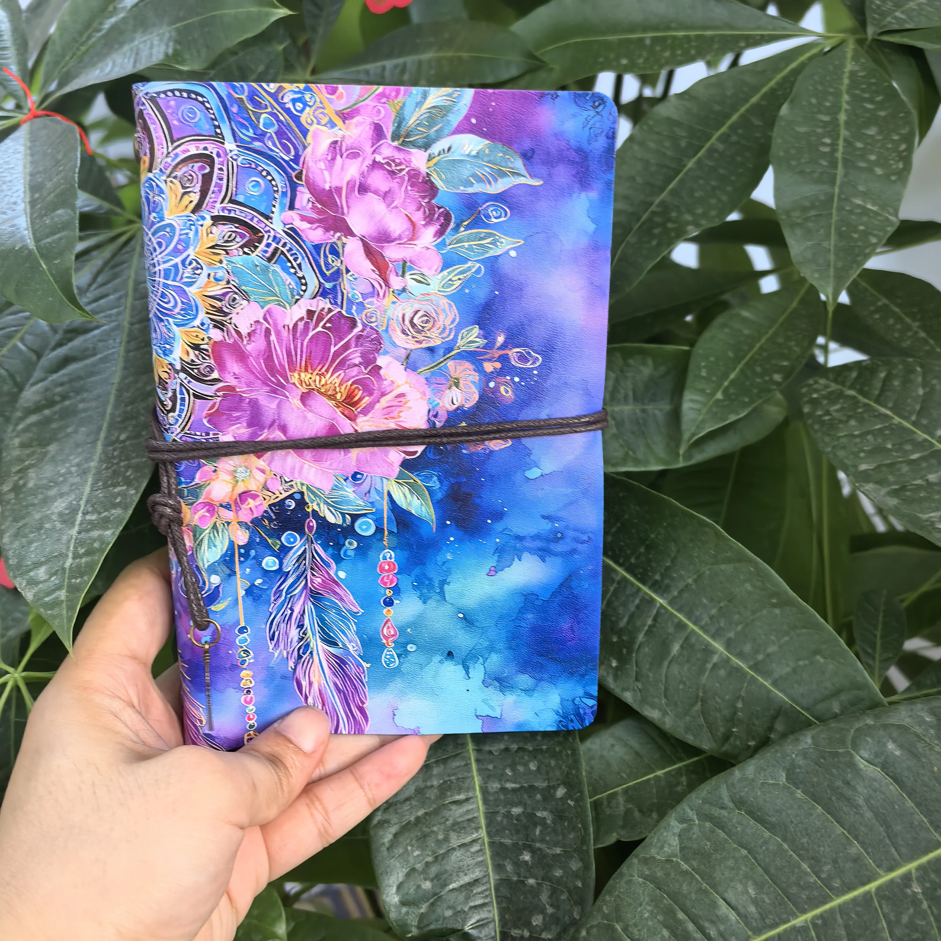

Bohemian Watercolor Dreamcatcher Journal A6-Purple Blue Floral Peony & Butterfly Hardcover Notebook Spiritual Boho Diary for Wom