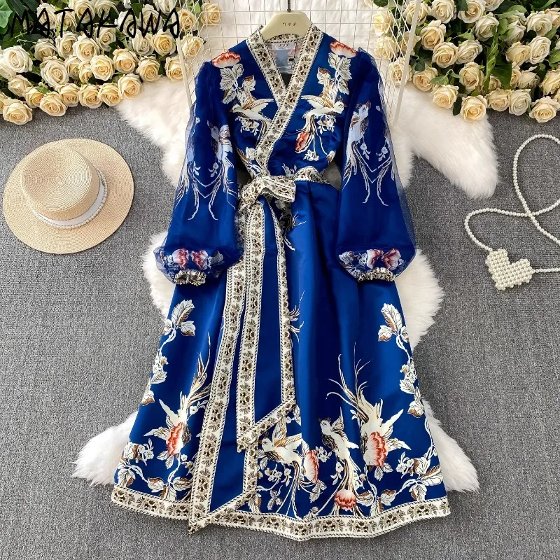 

Matakawa Print Floral Women Dresses Lantern Sleeve Vintage V Neck Spring Autumn Long Dress Bandage Elegant Fashion Vestidos