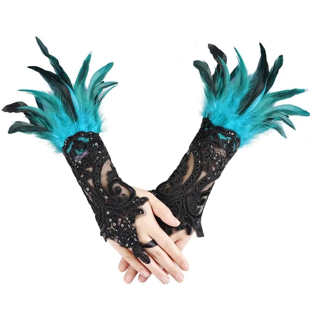 Costume Retro Halloween Feather Gloves Embroidery Gothic Sequins Feather Lace Gloves Cuffs Dark Women Halloween Arm Sleeves Ball