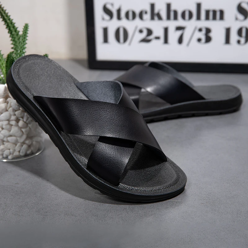 Men Leather Slippers Palm Cross Slides Casual Outdoor Summer Italian Designer Classic Brown Black 2023New Summer Casual Slippers