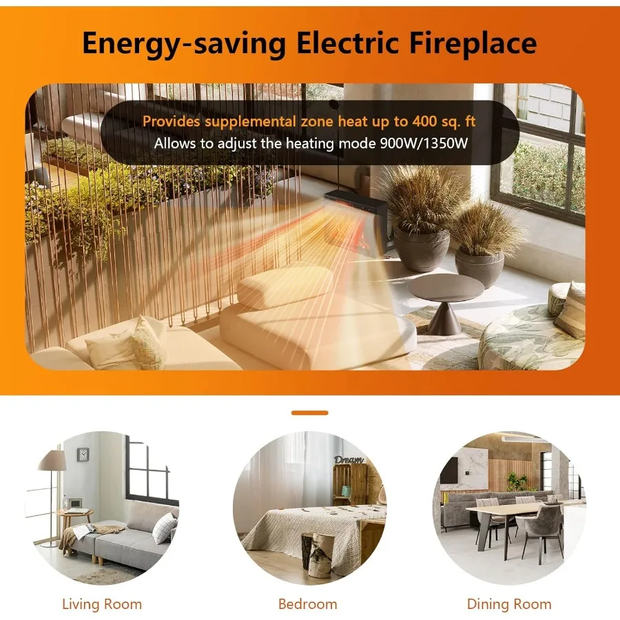 28 Perapian Listrik Terpasang di Dinding dengan Pemanas Listrik, Remote Control, Antarmuka Layar Sentuh, Timer yang Dapat Diprogram, Daya Ganda