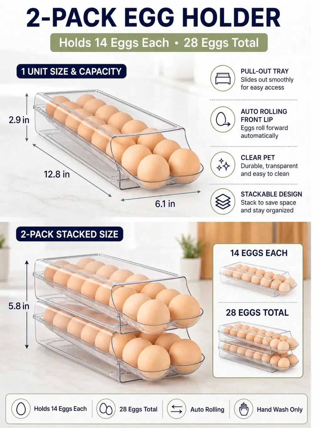 2-Pack Clear Automatic Rolling Egg Holder, Stackable Fridge Drawer Organizer, 28 Eggs Total, Countertop Egg Storage