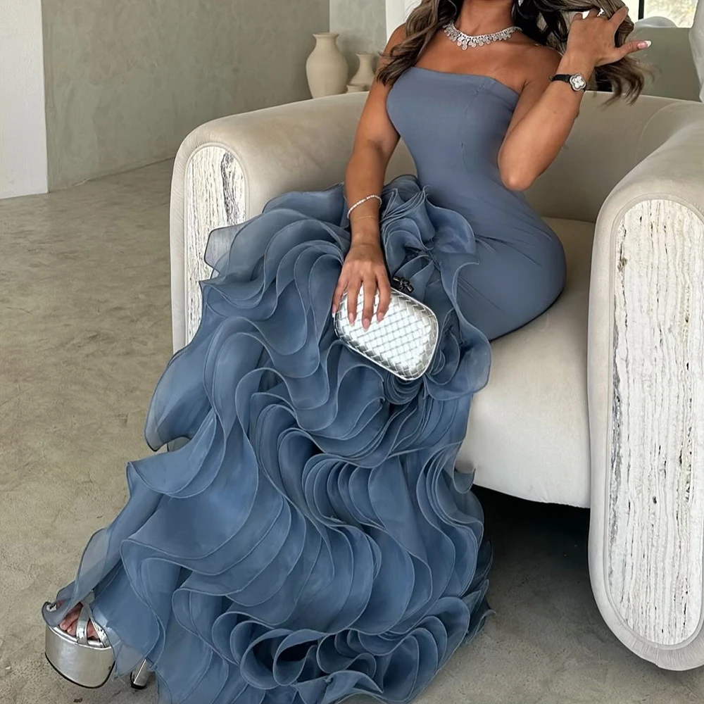 Temperament Pleats Ruffles Tiered Evening Dresses Modern Mermaid Strapless Jersey Light Blue Prom Gowns فساتين سهره نسائيه فخمة