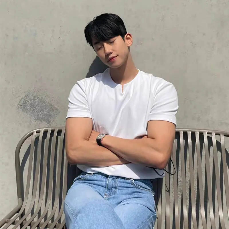 

Summer Men's New Loose Casual Solid Color Top T-shirt Waffle Short Sleeve Collar T-irt Muscle Men Hard Fitn Training Sport