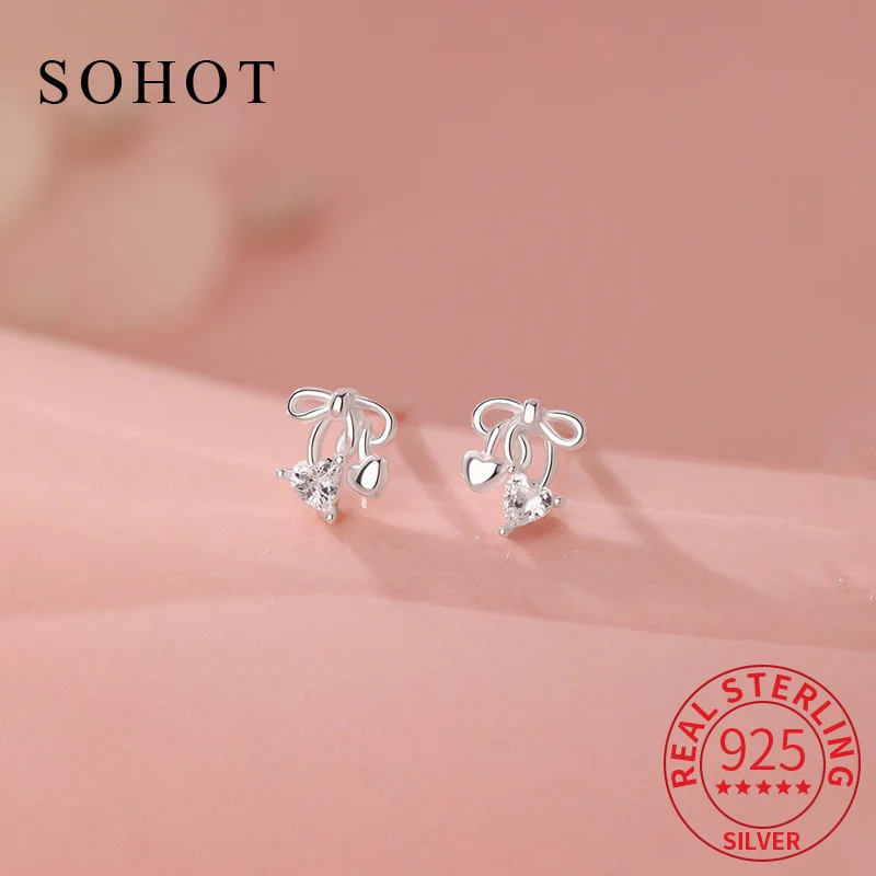 

Real 925 Sterling Silver Tiny Bowknot Heart Zircon Stud Earrings for Elegant Women Sweet Fine Jewelry Light Luxury Accessories