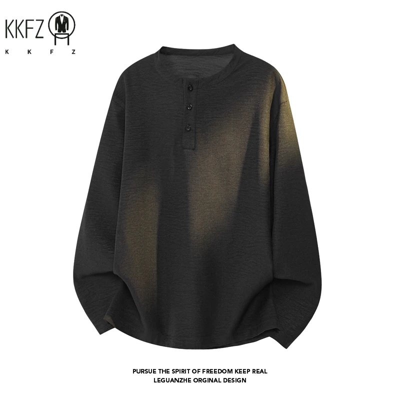 Mens Autumn Henley Collar Pullover Textured Fabric Half Button Placket Loose Long Sleeve Leisure Clothing