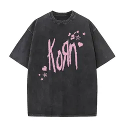 Washed Vintage Rock Band Korn Graphic Print T-shirt Male Metal Music Oversized T-shirts Men Women Funny Kawaii Cute Pink T Shirt