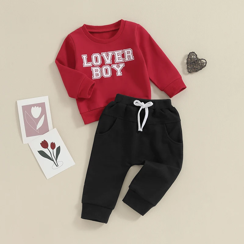 Baby Toddler Boys Valentine s Day Sets Long Sleeve Letter Print Pullover and Black Drawstring Pants Sets