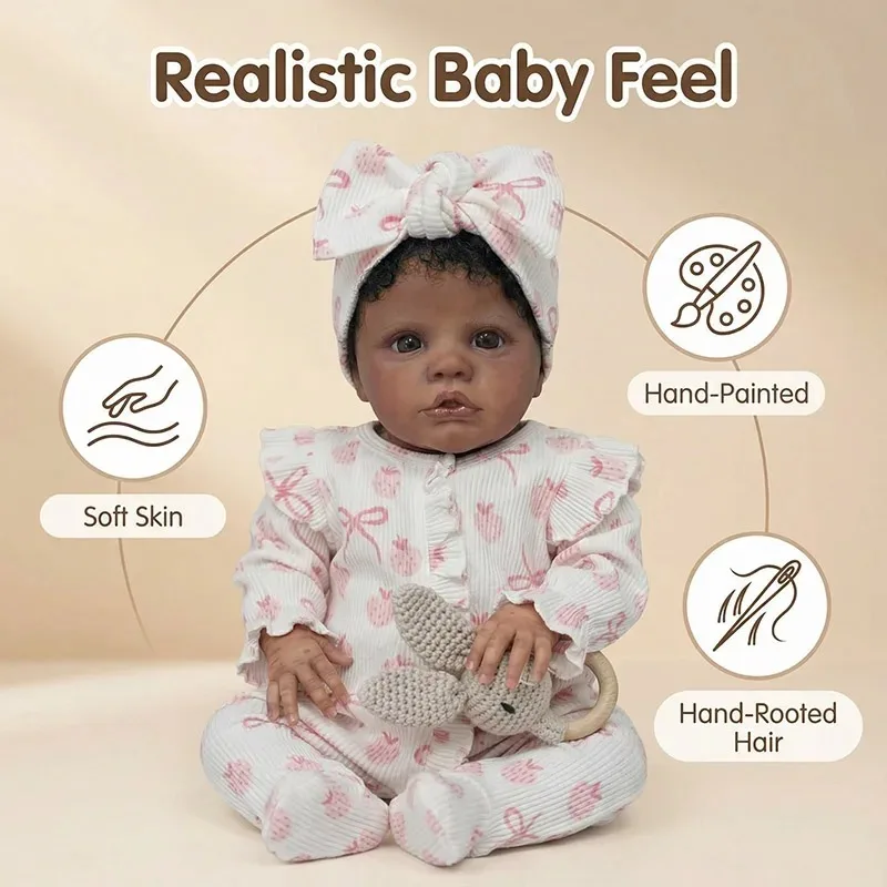 دمية قطنية بطول 19 بوصة (48 سم) على شكل فتاة منبهة بشعر أسود مزروع يدويًا، لعبة ريبورن