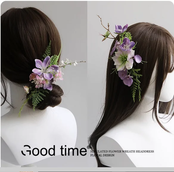 موري ماكياج التصوير الفوتوغرافي صور إكسسوارات الشعر دبوس الشعر العروس الزفاف ماكياج النمذجة غطاء الرأس إكليل الزفاف الأرجواني