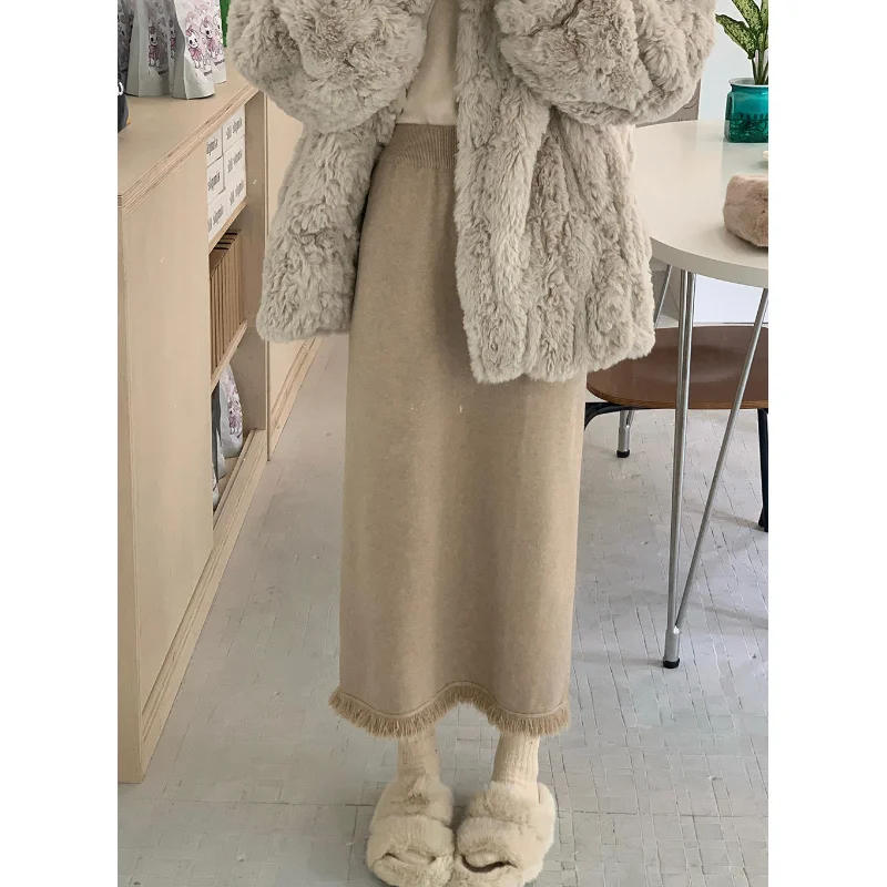 

Knitted Halfbody Skirt Women Autumn/Winter Mid length Tassel Split A-line Wrapped Hip Wool Solid Casual Long Skirt Female Tops