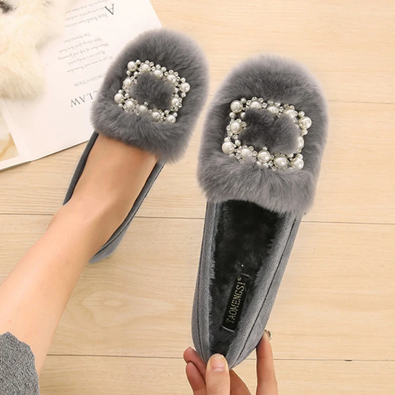 Crystal&Pearl Buckle Shoes Woman Rabbit Fur Flats Winter Big Size 42/43 Mocasines Femme Furry Loafers Barefoot Cotton Ballerinas