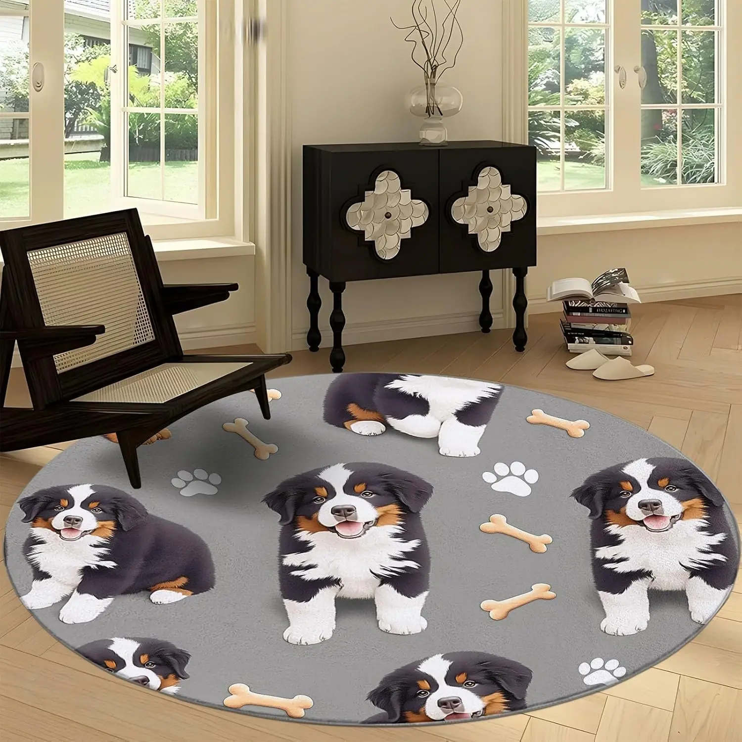 Cartoon Animals Print Round Rug,Cartoon Animal Bernese Mountain Dog Washable Circular Carpet Runner Non Slip Circle Rug Carpet