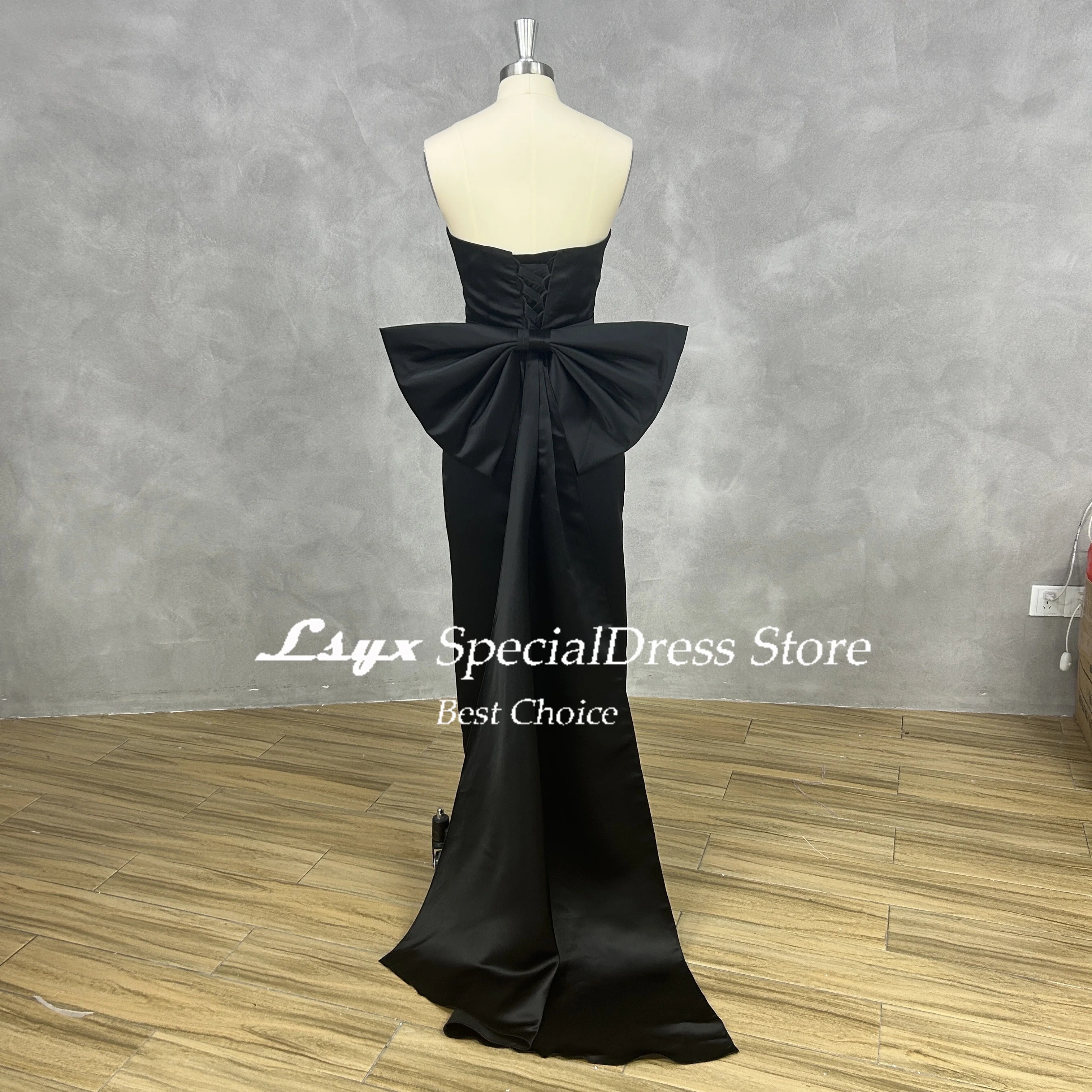 LSYX Real Pictures Strapless Lace-up Back Sheath Satin Evening Gown Sleeveless Detachable Big Bow Tea-Length Prom Dress