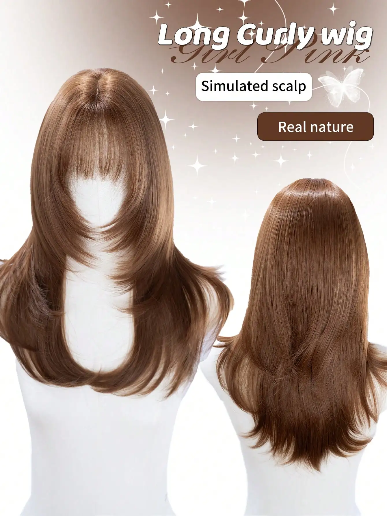 22 Inch Long Synthetic Wig, Natural Straight Style, Stunning Brown Color. With Bangs Design, This Wig Piece Is Perfect For Women's Daily Wear, Parties And Cosplay, Providing A Natural And Durable Wig Gift.