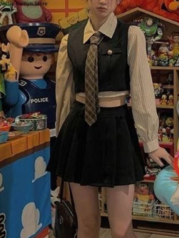 Japanese Style Kawaii School Uniform Korean Cute Girl Anime Cosplay JK Uniform 2023 Autumn Knitting Vest and Pleated Skirt Sets