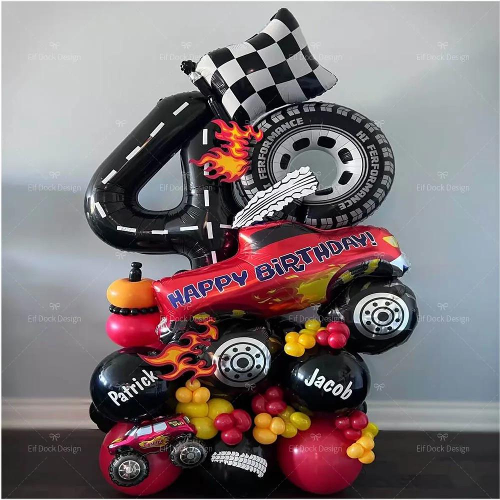 1Set Big Monster Truck Tire Flag Balloon Car Themed Birthday Foil Balloon Dump Truck Helium Balloon Boy Birthday Party Decoratio