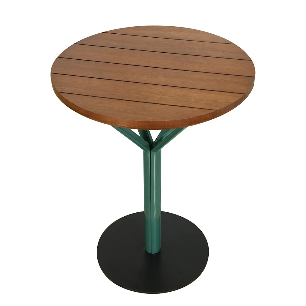 Outdoor small slatted solid wood dining table with a modern design metal base, suitable for outdoor cafes, cafeterias