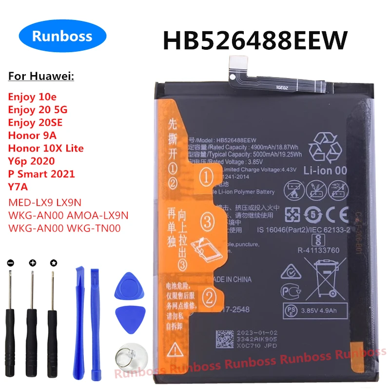 HB526488EEW 5000mAh Battery For Huawei Honor 10x Lite 9A P Smart 2021 Y6P 2020 Y7a Enjoy 10e 20 20se MED-LX9 LX9N WKG-AN00 Phone