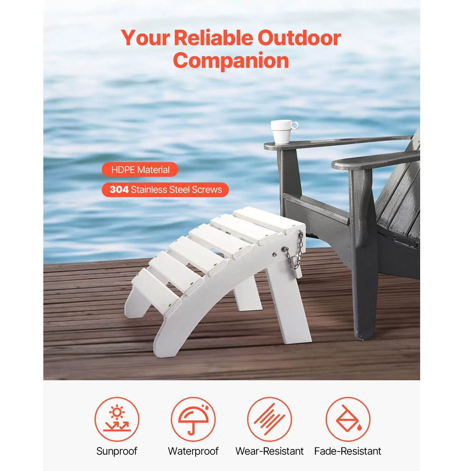 Adirondack Ottoman, 17.7L x 19.7W x 13.8H Inch HDPE Plastic Folding, Weather-Resistant Foot Rest for Chair, Widely Used Outside