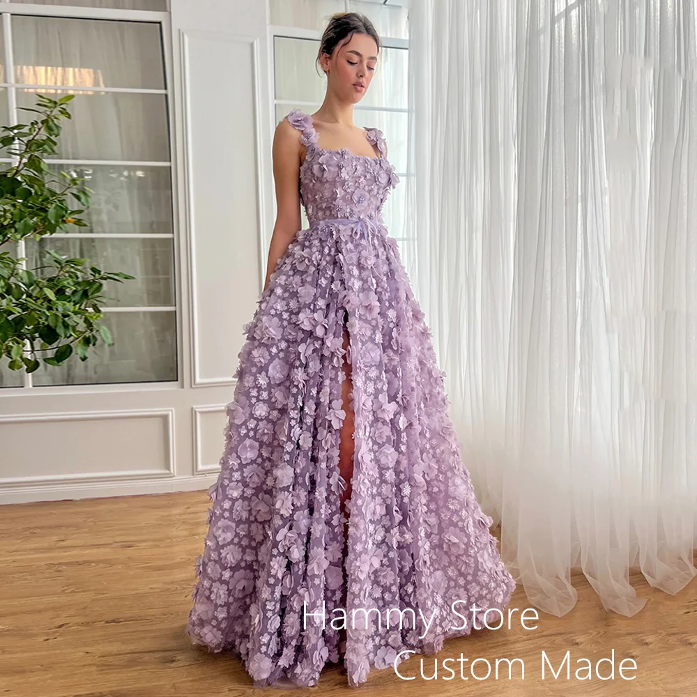 Lilac Lace Evening Dress Sexy Square Neck Sleeveless Flowers Pearls High Slit Prom Gown Customized Graduation Party Dresses