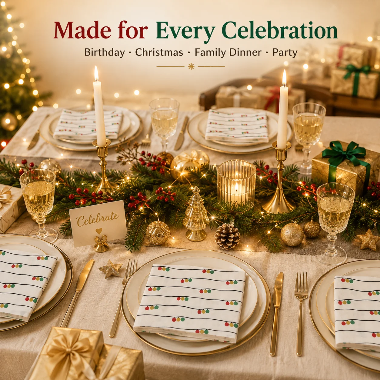 Festive String Light Party Napkins 20PCS 2-Ply Paper Napkins 33x33cm for Christmas Birthday Dinner Party Table Decoration