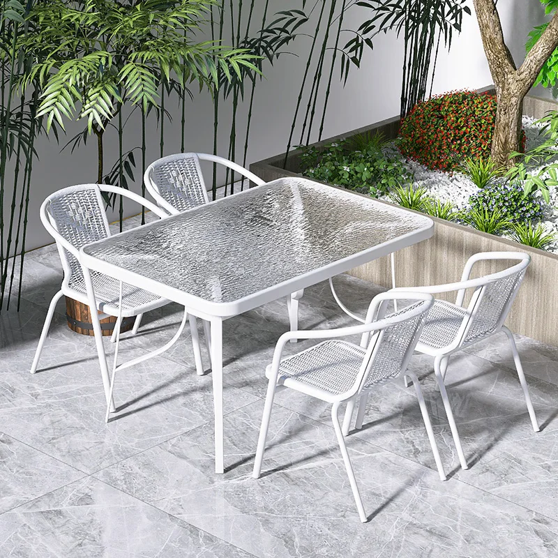 

Courtyard white table and chair set, outdoor outdoor leisure tea table, rattan chair combination, home minimalist glass long tab