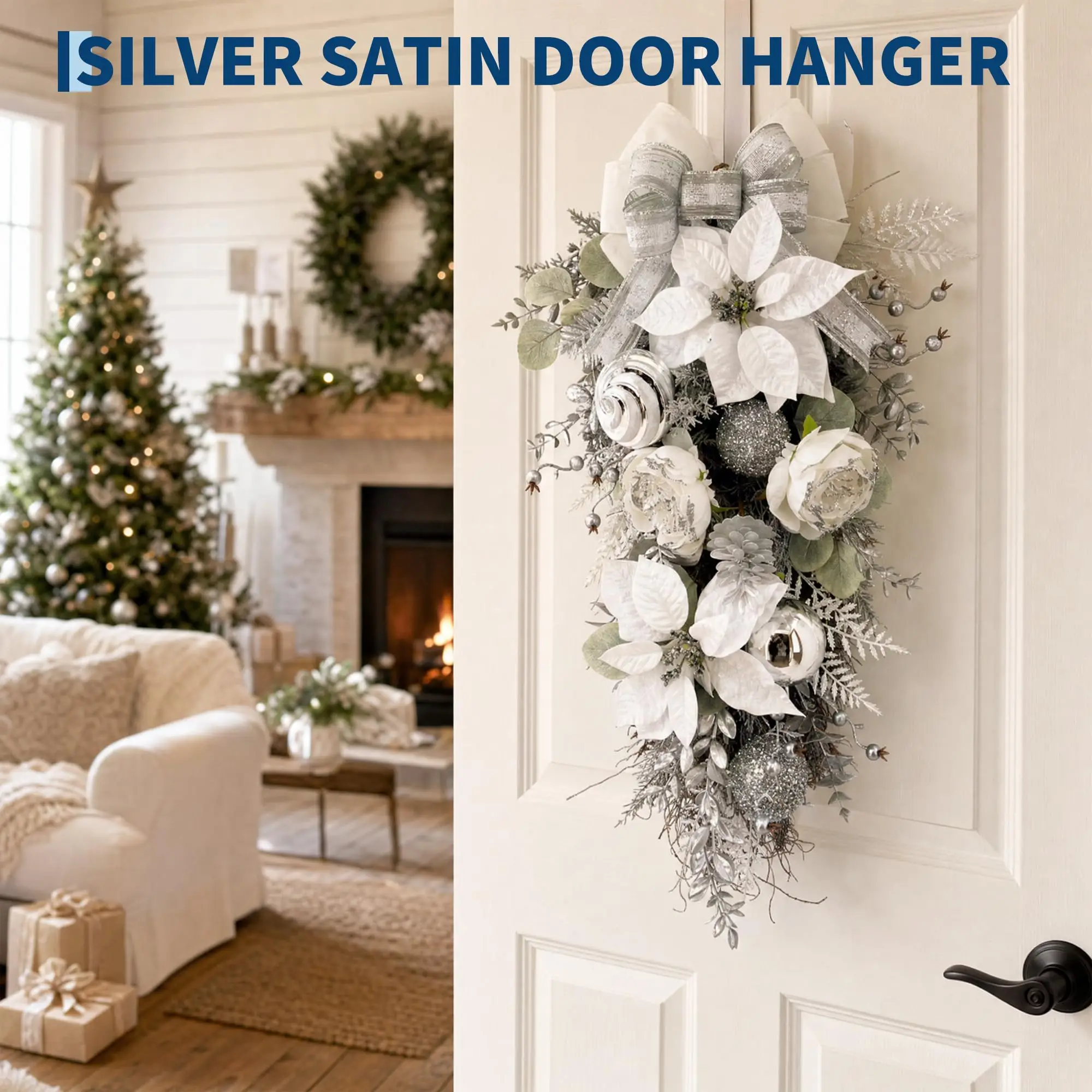 30 Inch Silver White Christmas Teardrop Swag With Frosted Pine, Roses Poinsettia Bow For Front Door Mantel Wall Holiday Decor