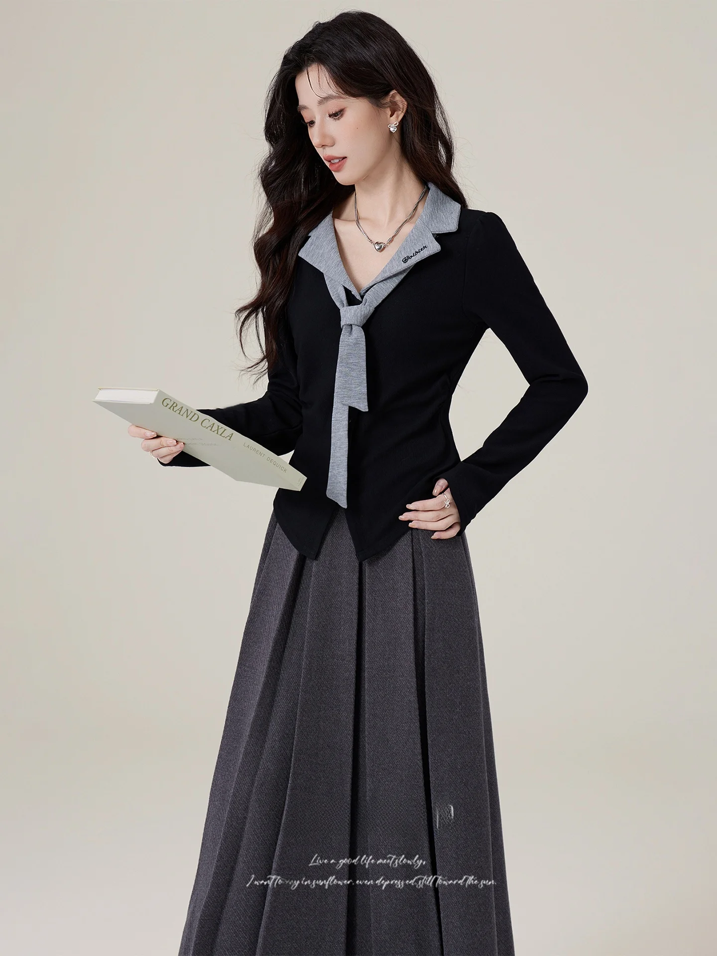 

Осенний корейский женский вязаный комплект из топа и юбки с высокой талией, воротником и длинными рукавами, модная повседневная рабочая одежда