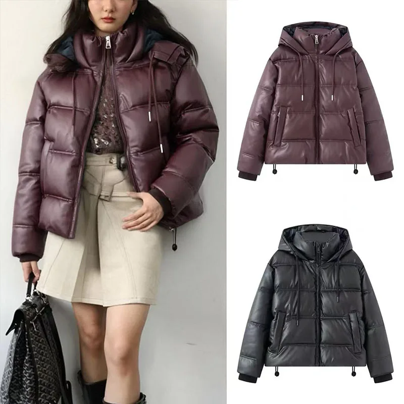 

2025 Autumn/Winter New Zip-Up Short Faux Leather Puffer Jacket with Adjustable Elastic Hem