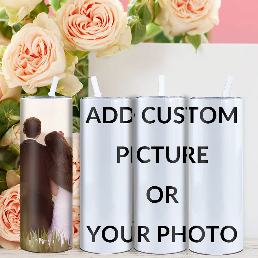 1Pc 20oz Stainless Steel Skinny Straight Water Bottle Straw Lid Customized Picture Festive Party Coffee Cups Autumn Winter Cups