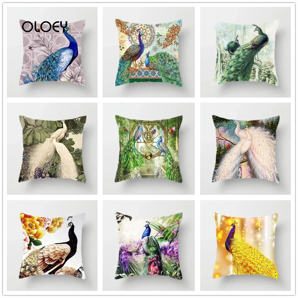 Unique Colorful Peacock Feather Decoration Polyester Cushion Cover Home Living Room Hotel Car Decoration Cushion Cover 45x45cm .