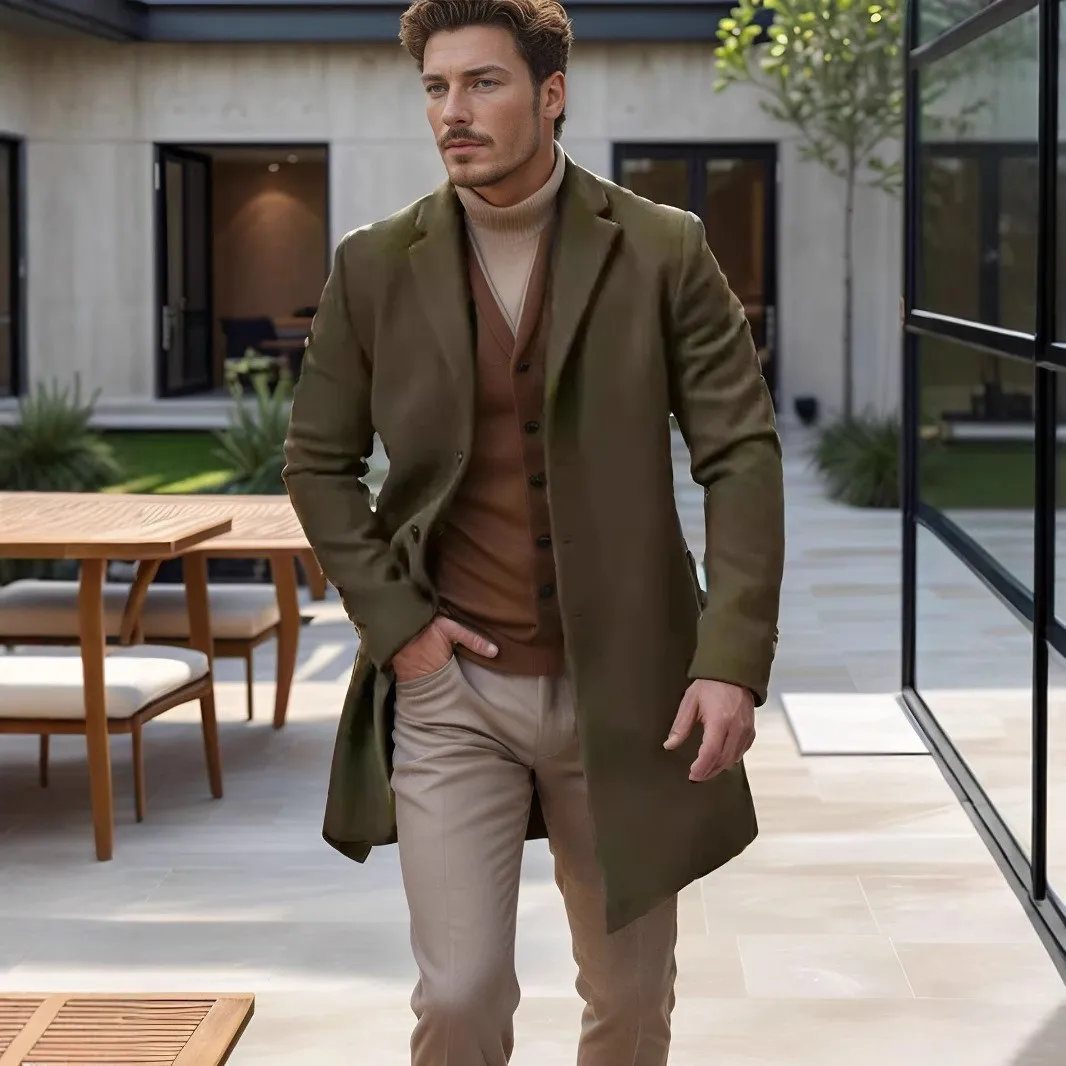 No Belt Notched Lapel Belt Commuter Coat with Multiple Pockets Single Breasted Trench Coat for Men Autumn Winter Mid Long