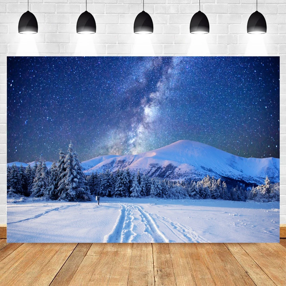 Dark Blue Sky Moon Glitter Star Photo Backdrop Tree Forest Winter Snow Night Scene Photography Background Photocall Photo Studio