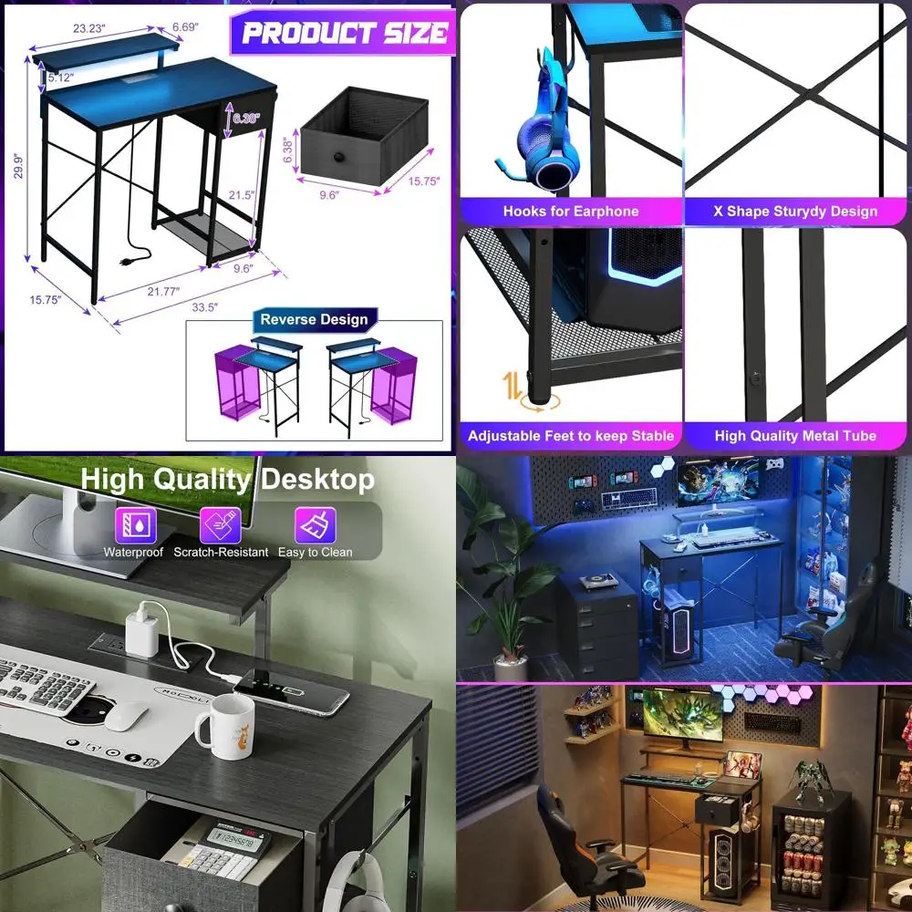 

LED-lit Compact Gaming Desk with Storage, Power Outlets, and Monitor Stand for Home Office or Bedroom