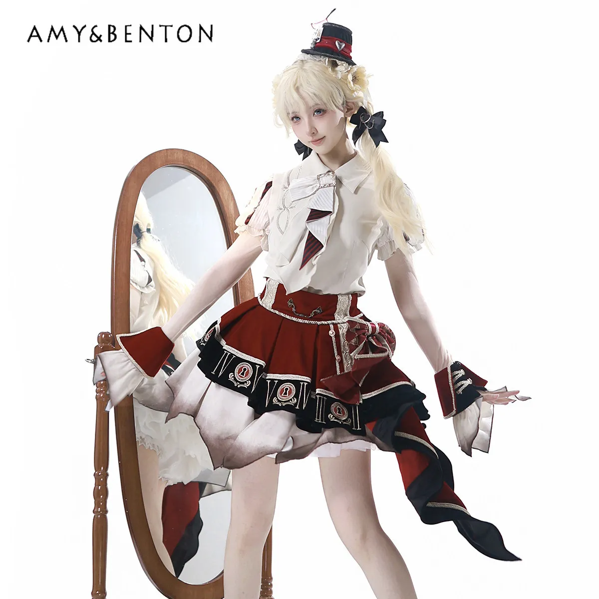 

Original Lolita College Style White Elegant Retro Sk Outfits Summer New Gothic Flared Sleeve Slim Shirt Irregular Mini Skirt